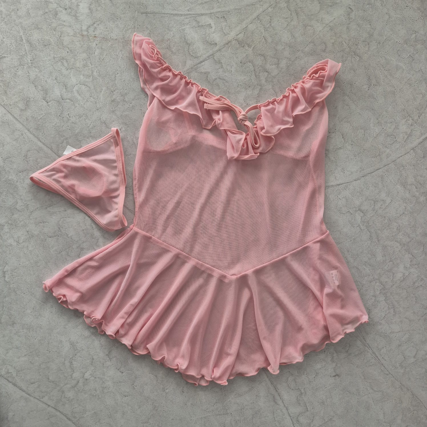 Babydoll en Malla Traslúcida con Boleros | Rosa Pastel