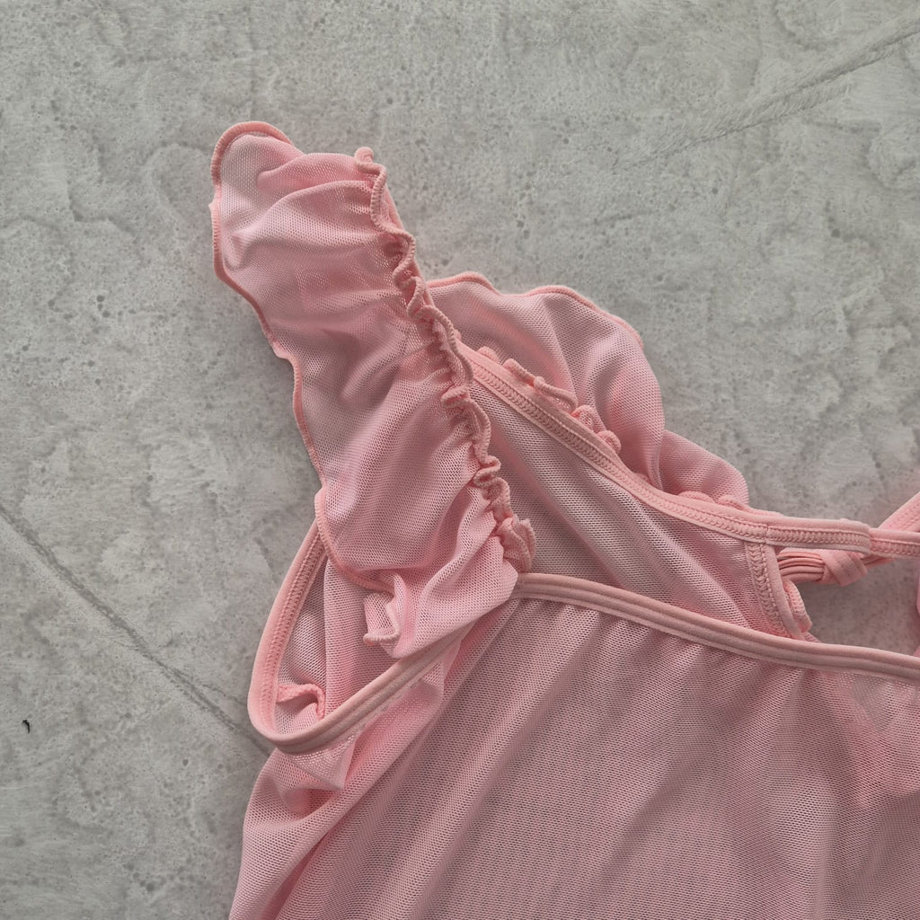 Babydoll en Malla Traslúcida con Boleros | Rosa Pastel
