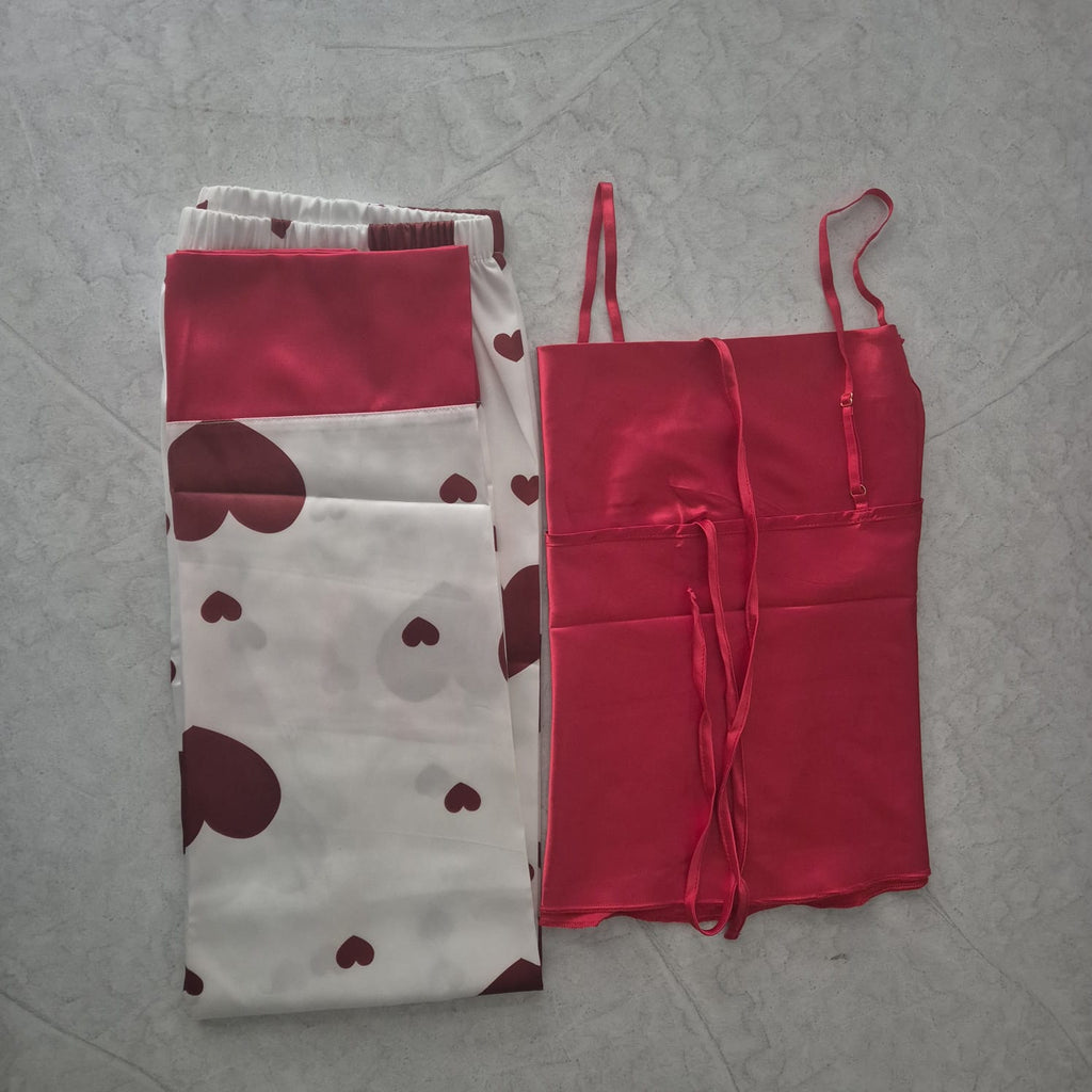 Set de Pijama de Satín de Dos Piezas con Estampado de Corazones – Rojo & Blanco